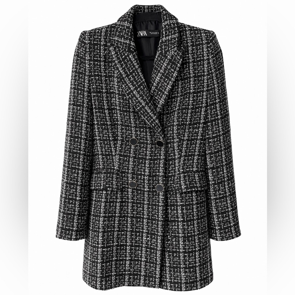 ZARA Black & White Tweed Double-Breasted Blazer | Chanel Style Jacket- SIZE S